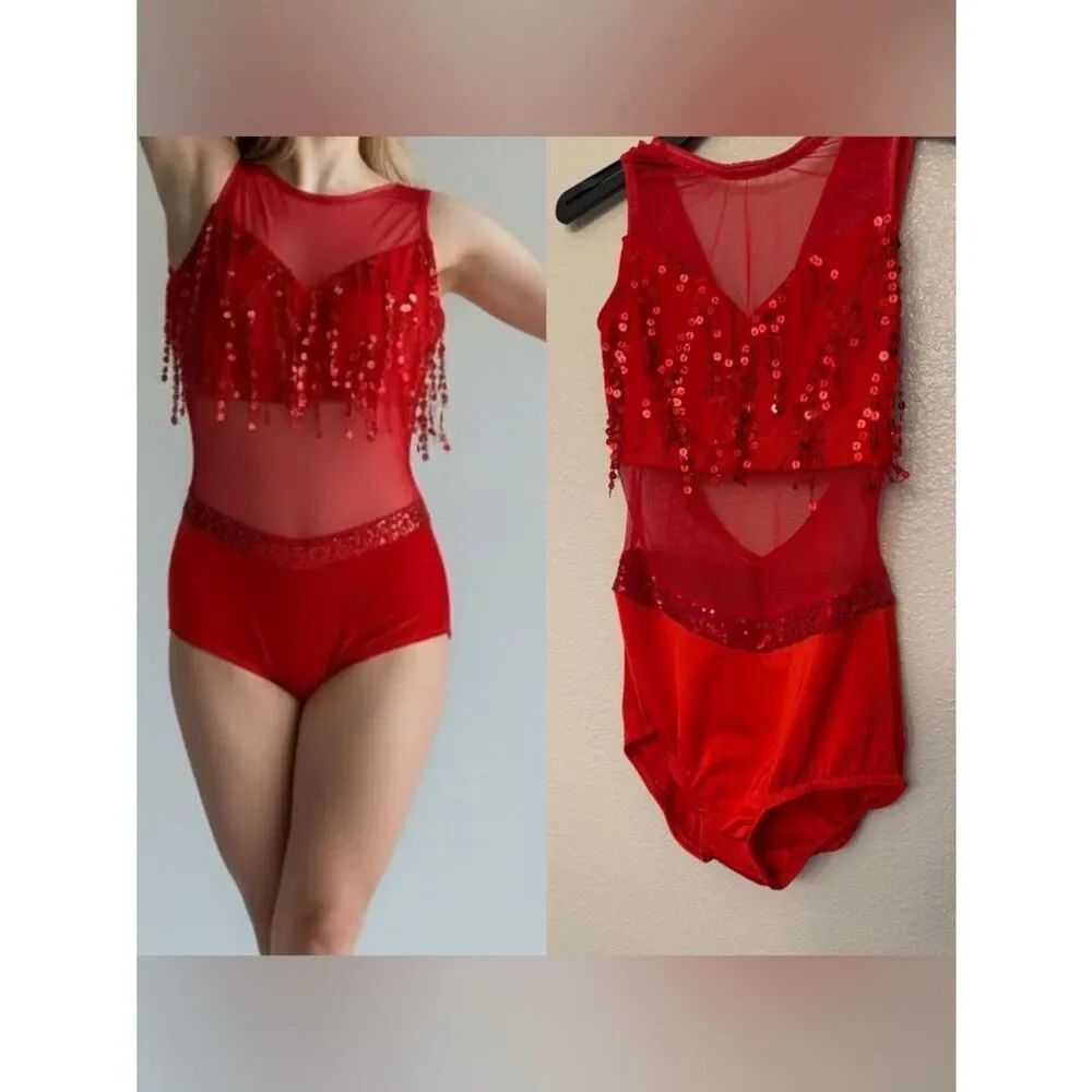 Kelle dance solo custom sequin costume red fringe leotard illusion SA Small adul